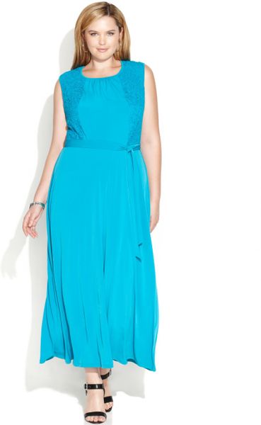 Calvin Klein Plus Size Cap-sleeve Lace Maxi Dress in Blue (Lagoon)