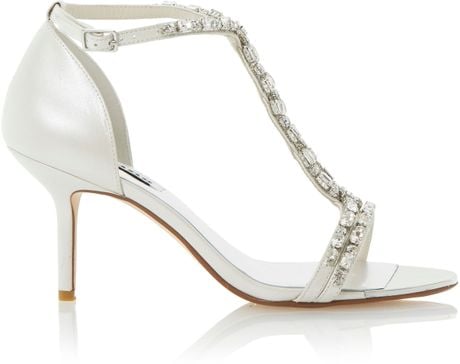 Dune Happiness Leather Tbar Jewelled Stiletto Sandals in White (Ivory ...