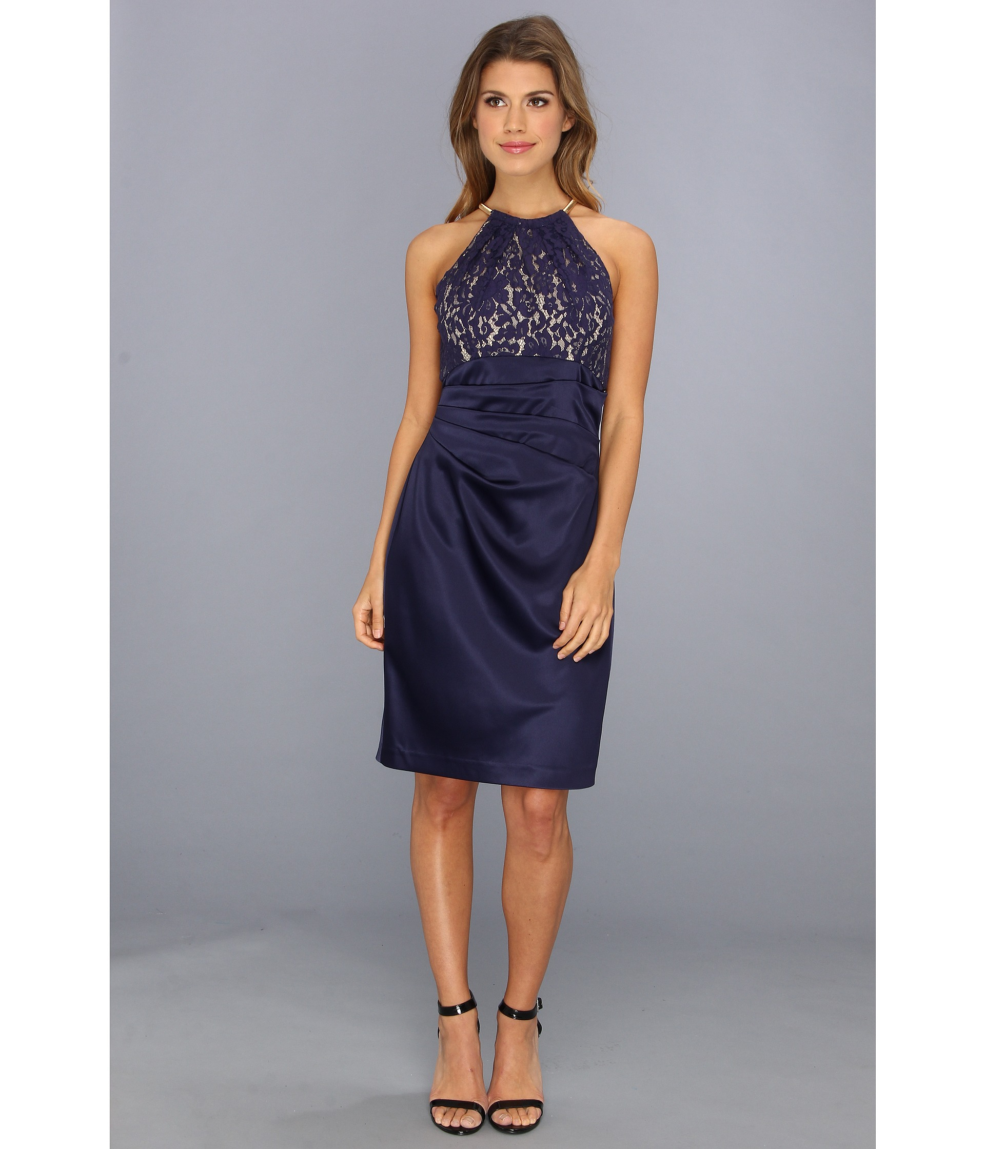Eliza J Lace Bodice Necklace Dress with Satin Skirt in Blue (Navy)