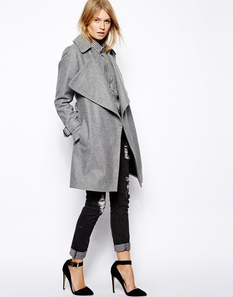 Asos Coat with Waterfall Drape Front in Wool in Gray (Grey) | Lyst