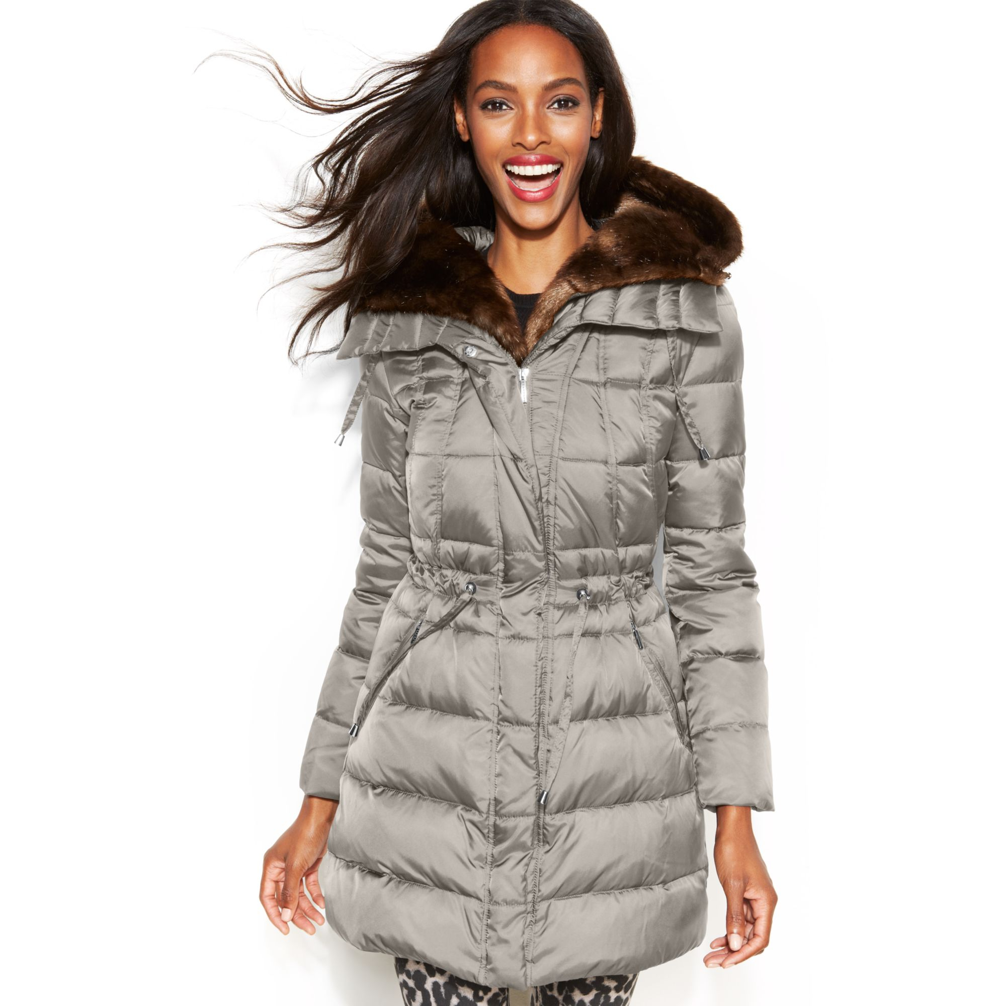 Laundry By Shelli Segal Hooded Faux Fur Lined Belted Down Puffer Coat In Gray Pebble Lyst 