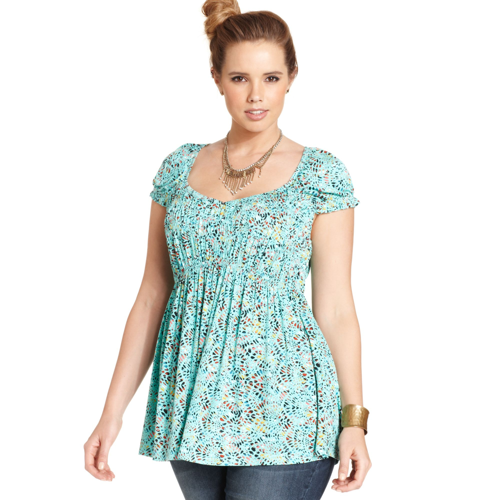 American Rag Plus Size Shortsleeve Printed Babydoll Top in Blue