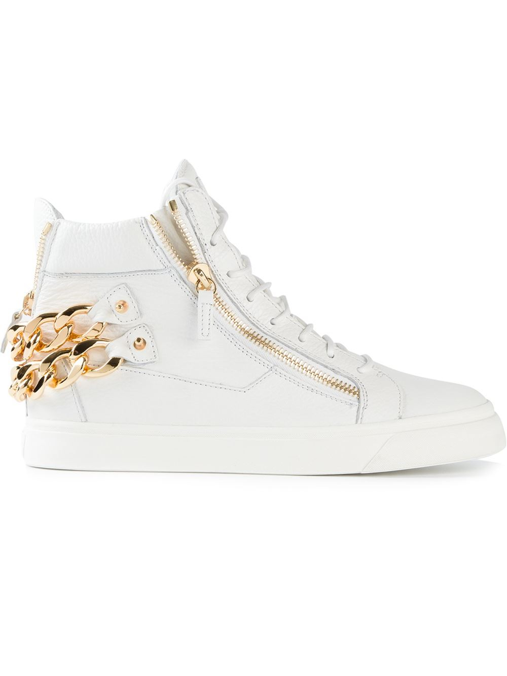 White Gold Chain Trim Detail High-Top Sneakers