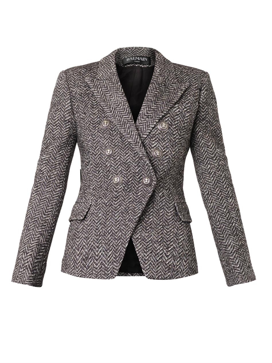 herringbone double breasted blazer