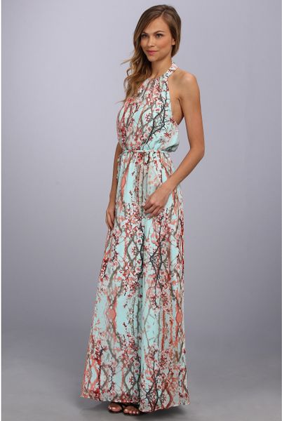 Jessica Simpson Halter Maxi Dress In Blue Cherry Blossom Super Pink