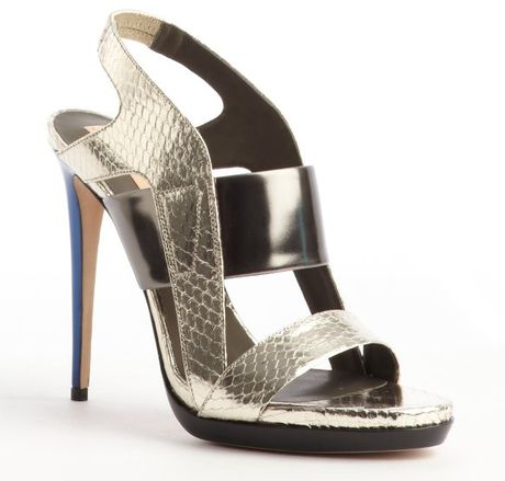 ... Gold and Gunmetal Grey Python Embossed Leather Strappy Sandals in Gold