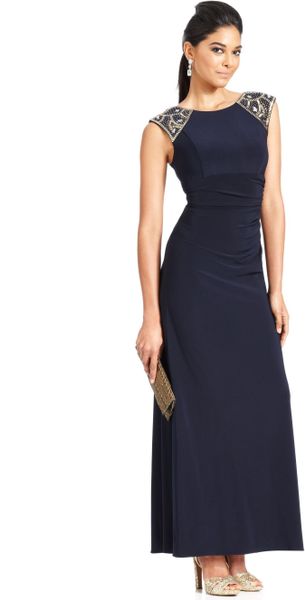 xscape ruched beaded gown
