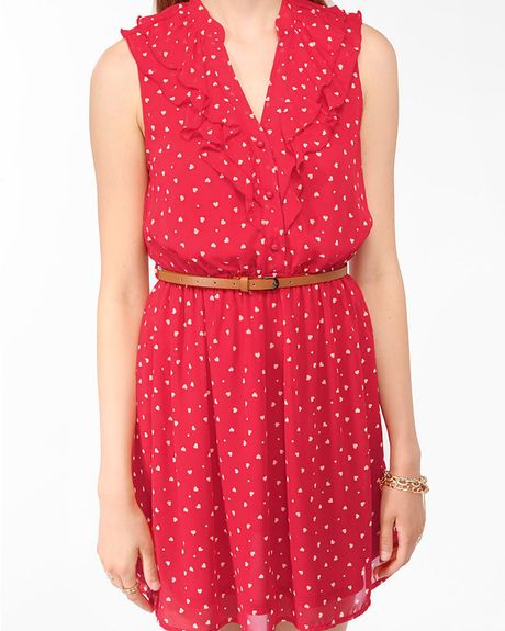 Forever 21 Ruffled Ditsy Heart Dress With Belt in Red (Redcream) Forever 21 Ruffled Ditsy Heart Dress With Belt in Red (Redcream)