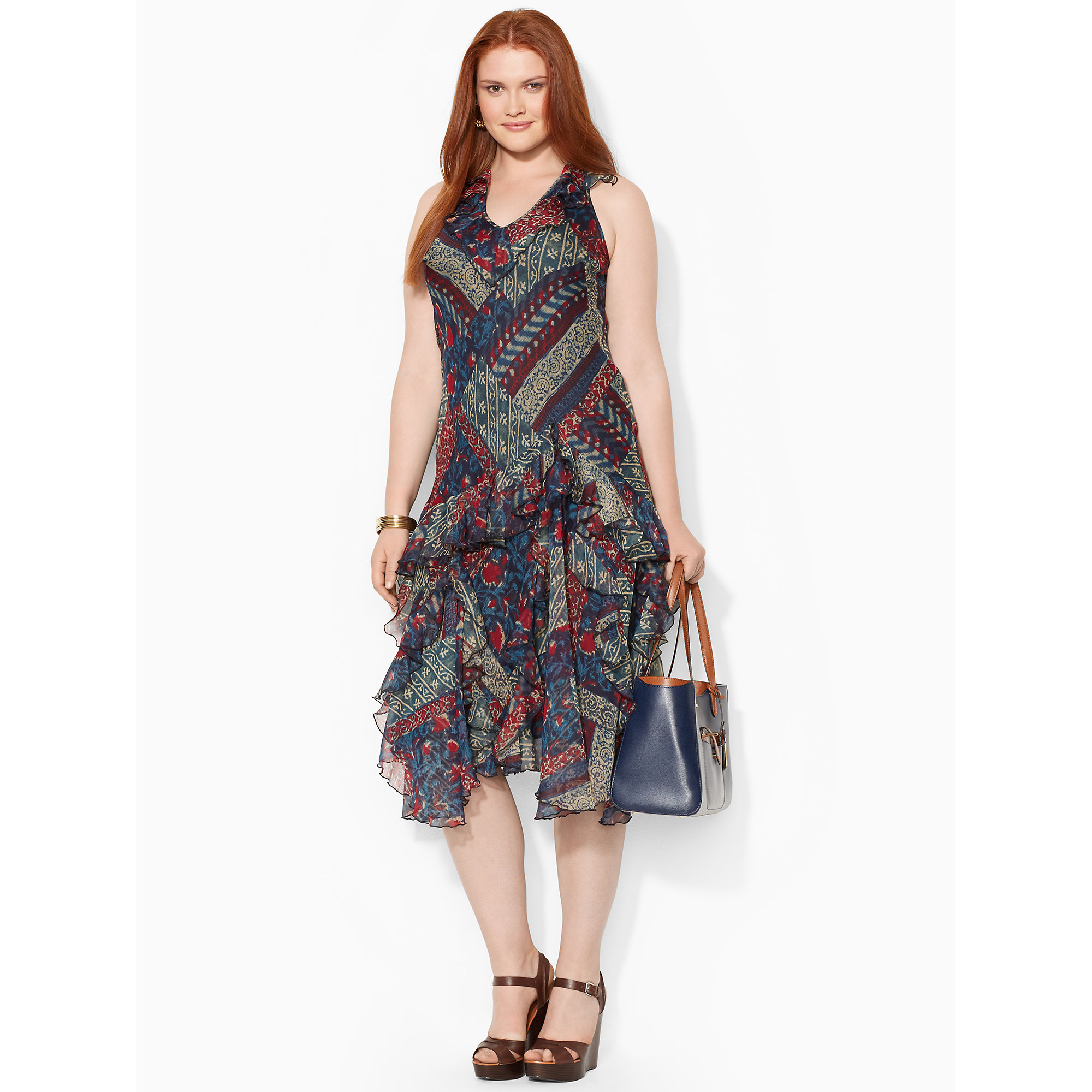 Ralph Lauren Patchwork Ruffled V Neck Dress In Multicolor Multi Lyst