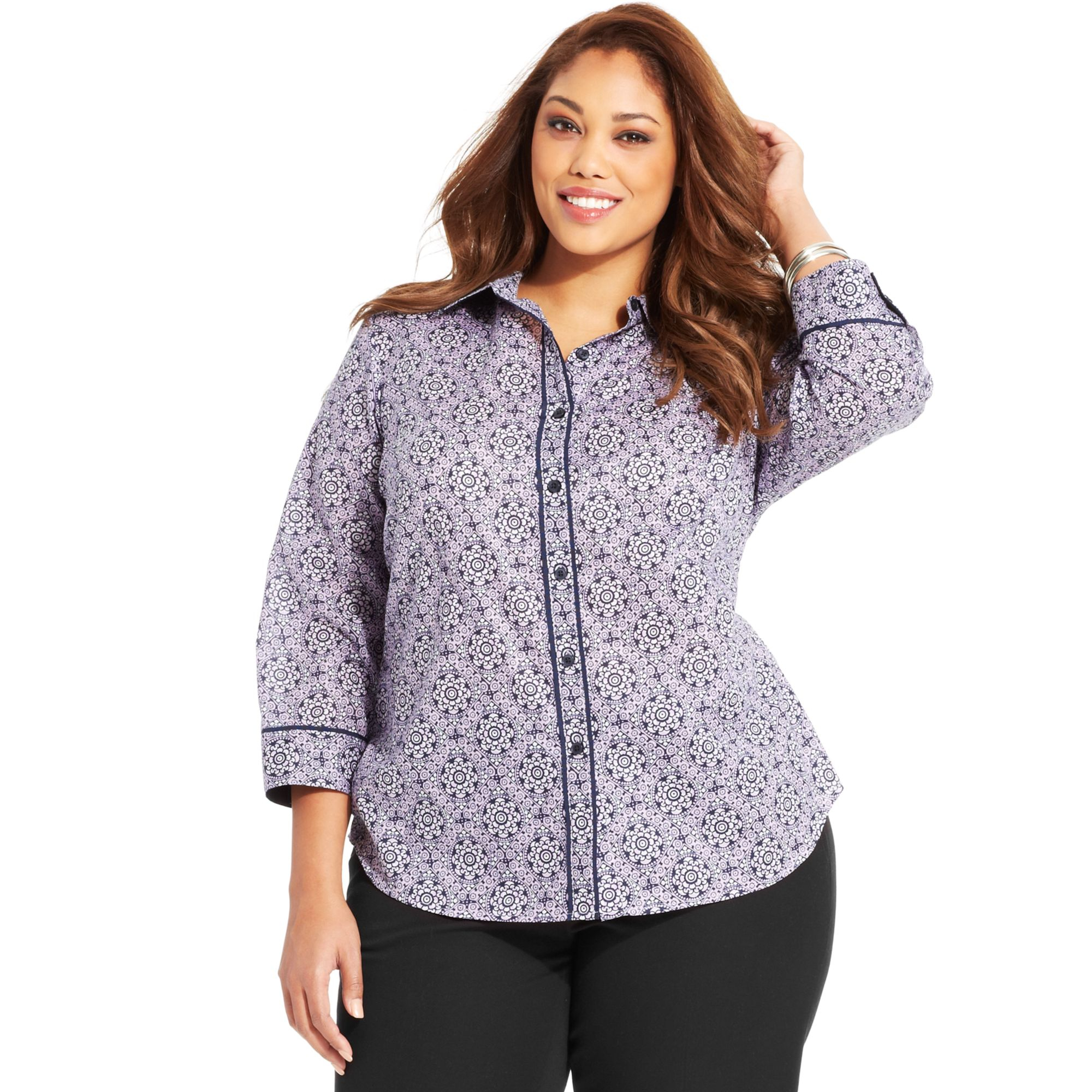 Jones New York Signature Plus Size Threequartersleeve Floralprint Shirt In Purple Lilac Combo