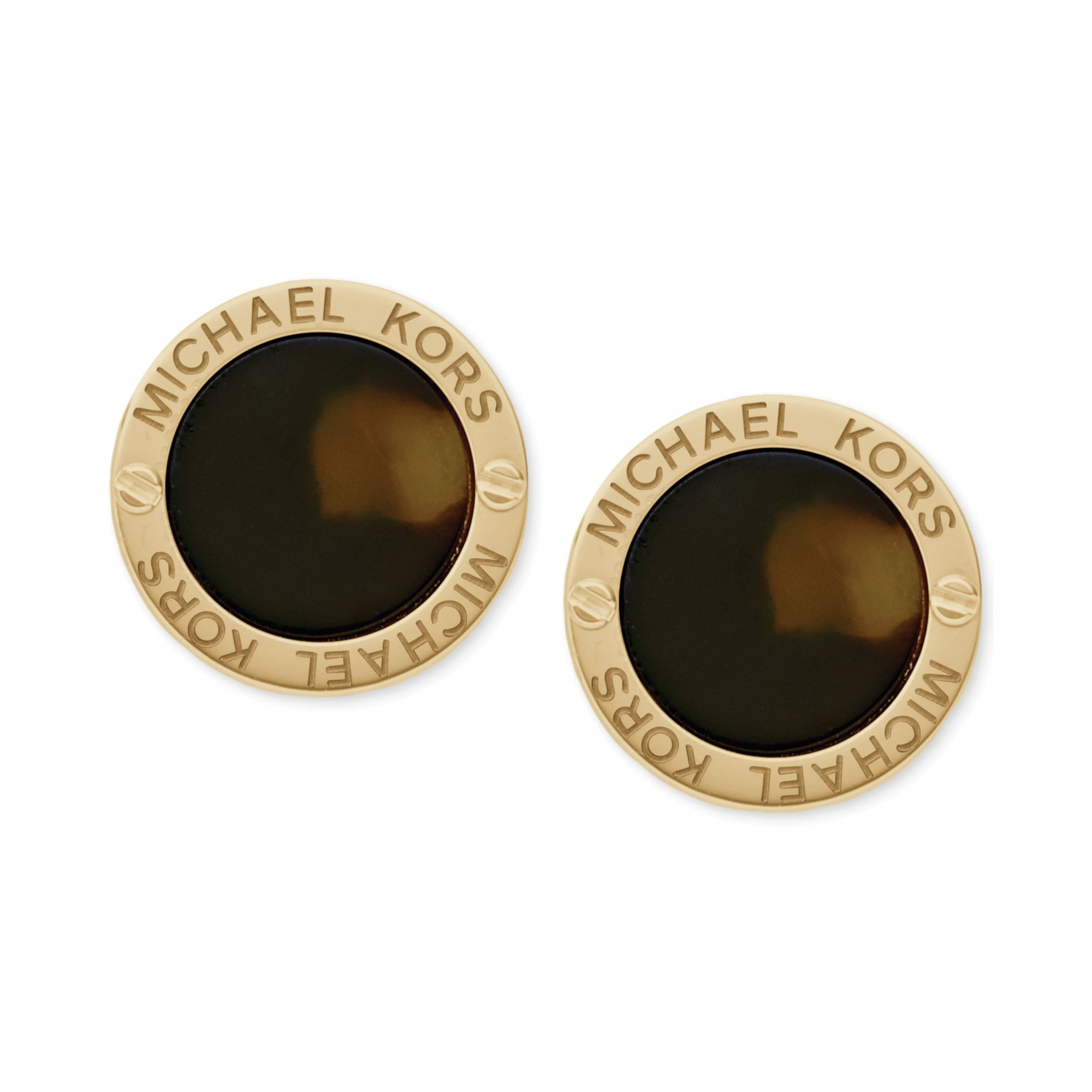 Michael Kors Gold-Tone Logo-Etched Tortoise Disc Stud Earrings in Gold