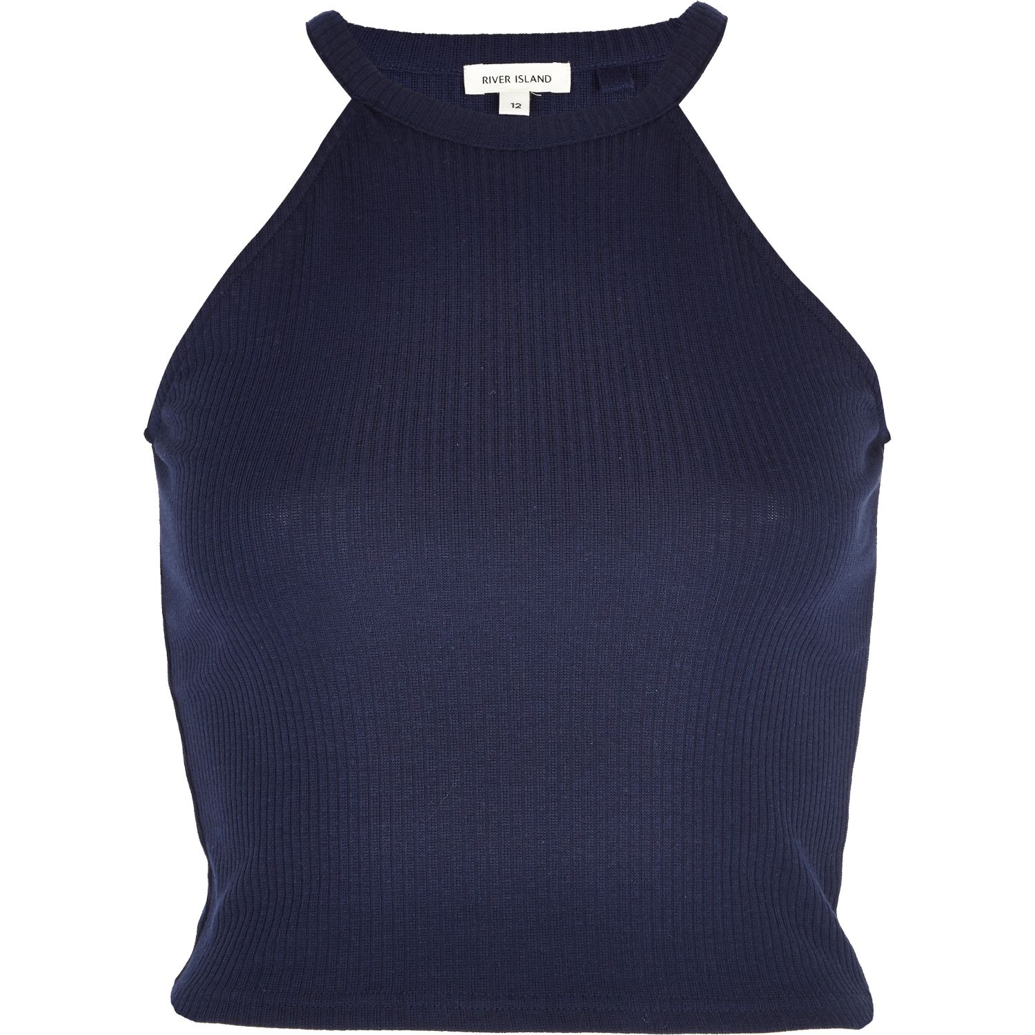 River Island Navy High Neck Ribbed Crop Top In Blue Lyst