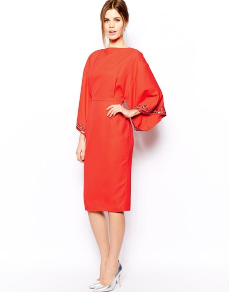 Asos Kimono Dress with Floral Sequin Trim in Red (Coral) | Lyst