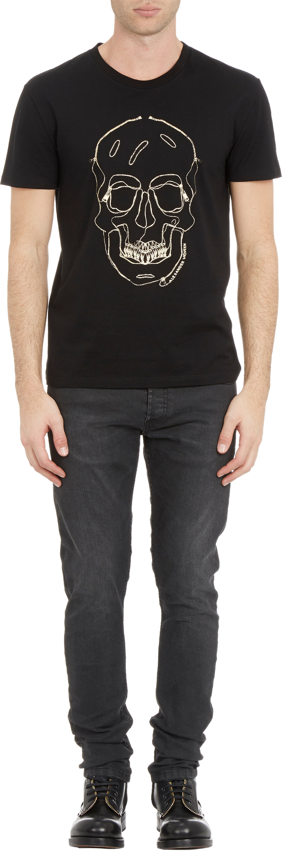 Alexander Mcqueen Gold Lamé Zipper Skull Tshirt in Black for Men Lyst
