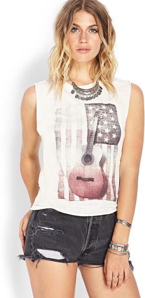 Forever 21 Rustic Americana Muscle Tee in White (Creammulti)