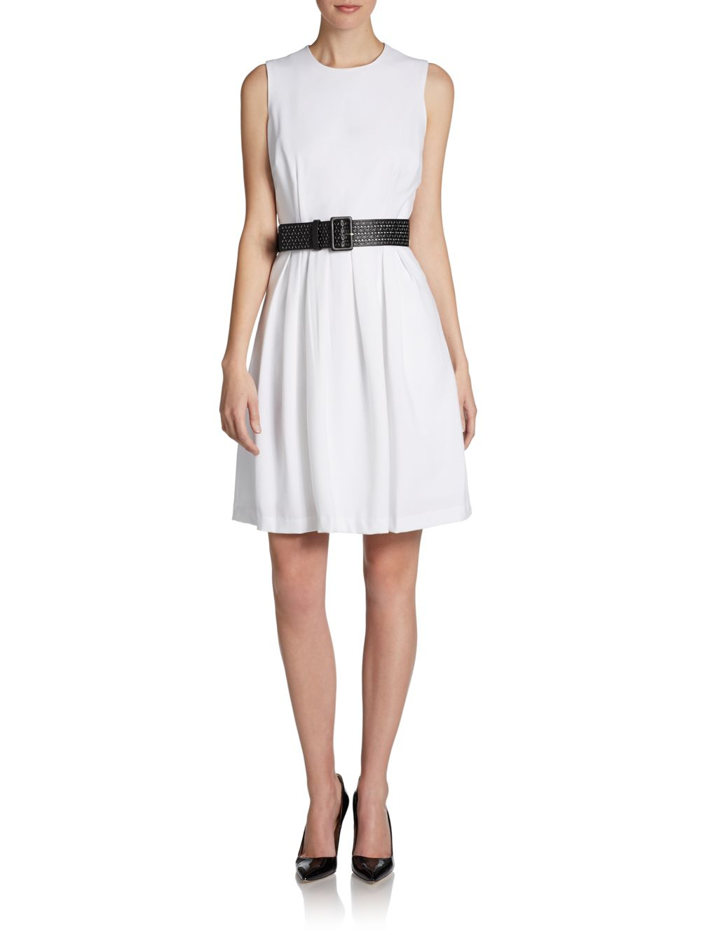 Calvin Klein Belted Fit And Flare Dress In White Lyst