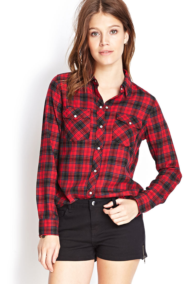 Forever 21 Snap-Button Flannel Shirt in Red (Rednavy)