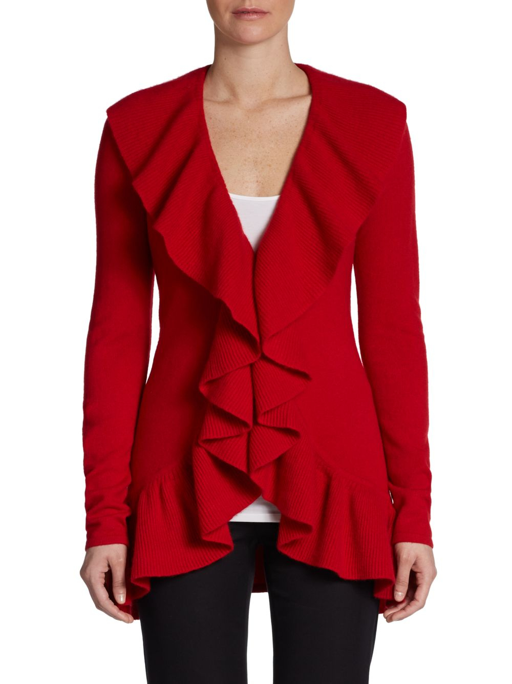 Saks Fifth Avenue Black Cashmere Ruffle Duster in Red Lyst