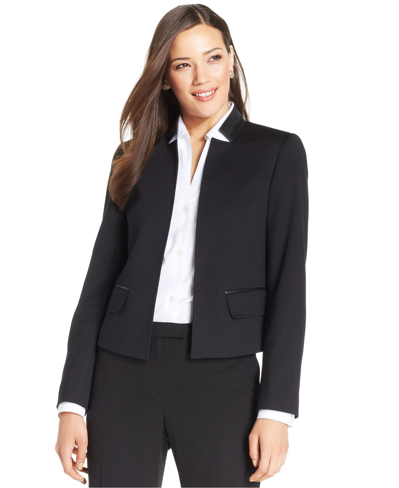Jones New York Pleathertrim Openfront Blazer in Black Lyst