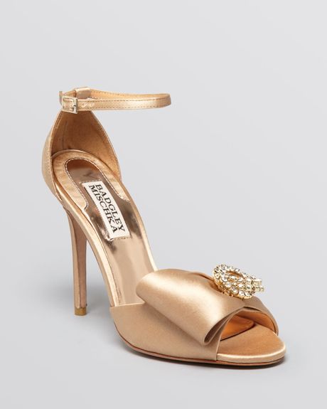 ... Open Toe Evening Sandals Tess Bow High Heel in Gold (Gold Satin