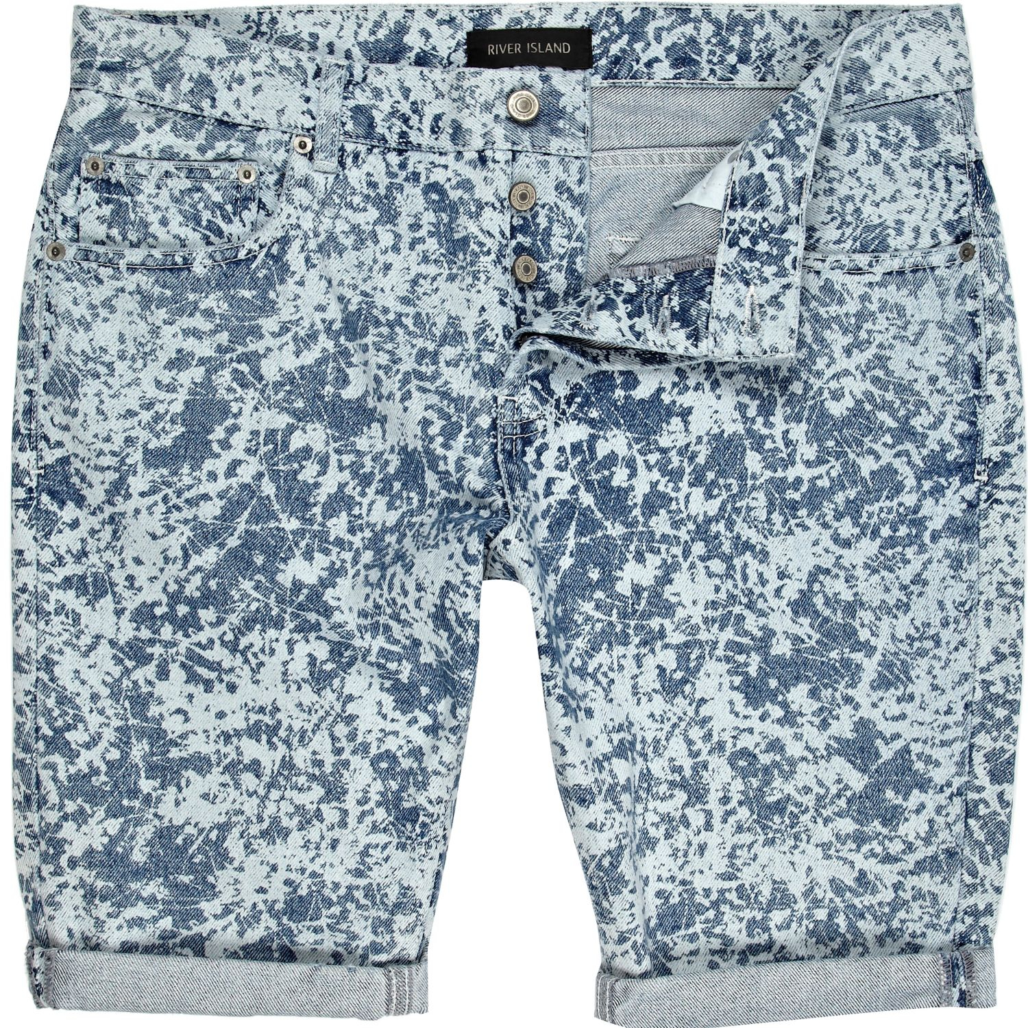 River Island Light Wash Bleached Pattern Denim Shorts In Blue For Men