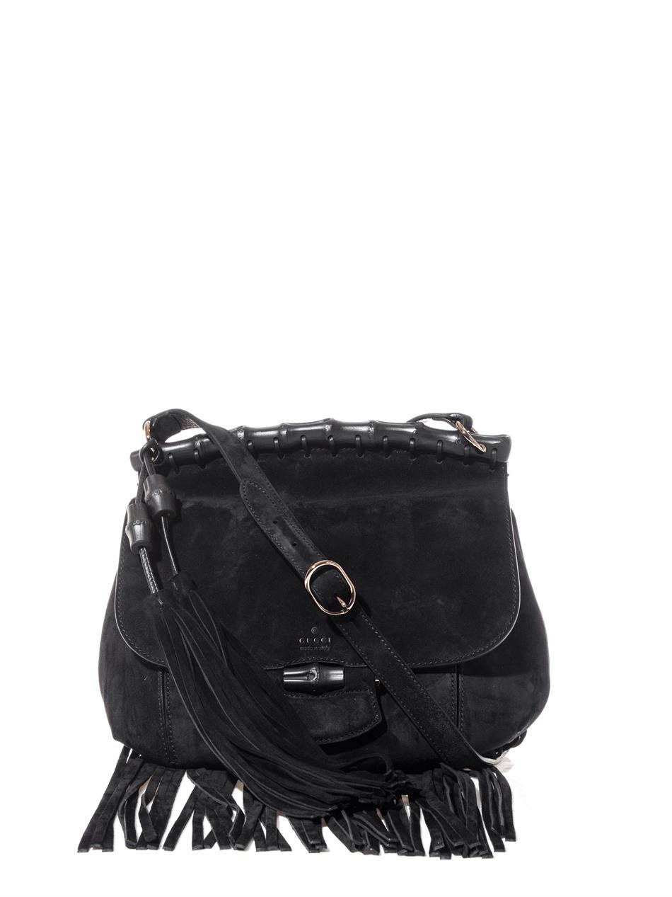 Gucci Nouveau Fringed Suede Shoulder Bag in Black | Lyst