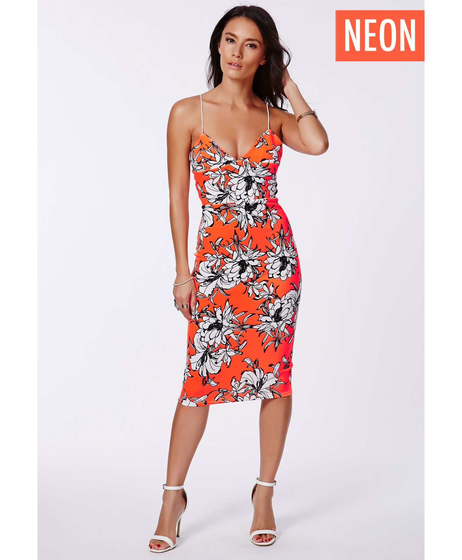 Missguided Maggy Neon Coral Floral Strappy Midi Dress in Orange (coral