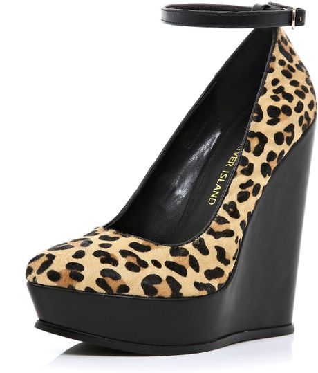River Island Brown Leopard Print Ankle Strap Wedges in Animal (brown ...