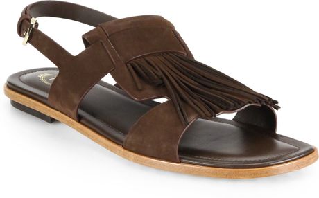 Tod's Nubuck Leather Fringe Sandals in Brown (DARK BROWN) | Lyst