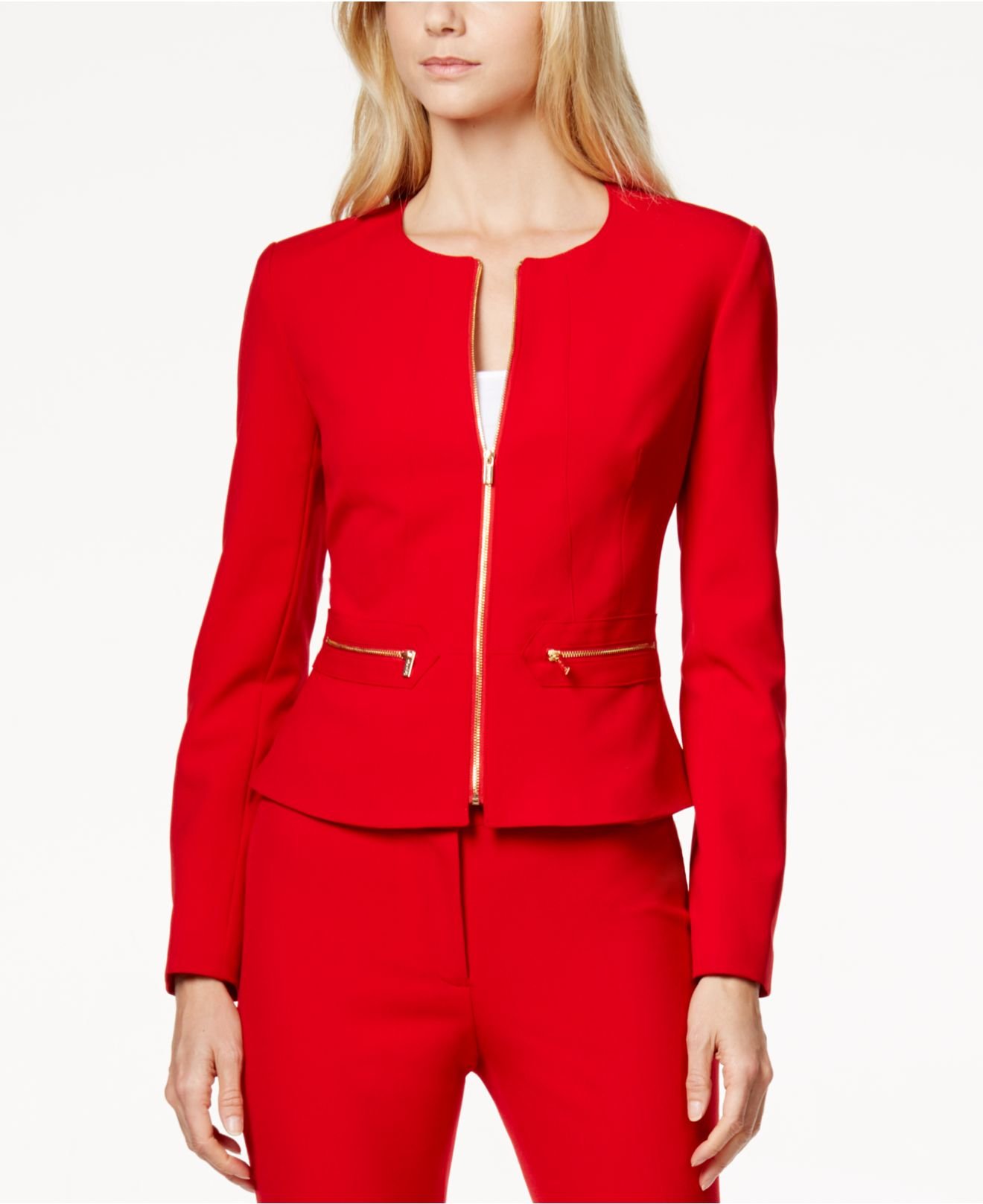 Calvin Klein Zip Front Peplum Jacket In Red Lyst