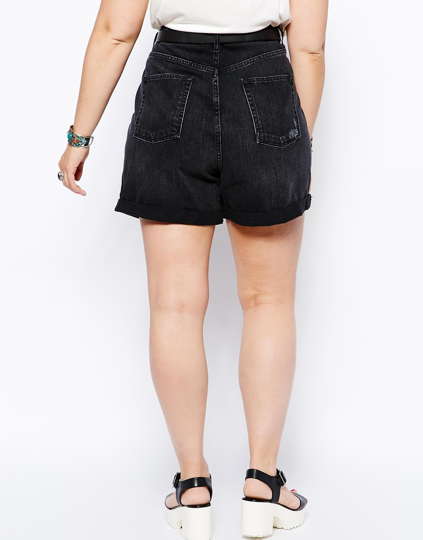 Asos Curve Modest Denim Short In Washed Black With Rips in Black | Lyst