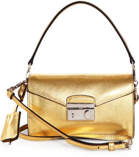 Prada Saffiano Leather Mini Sound Crossbody Bag in Gold | Lyst