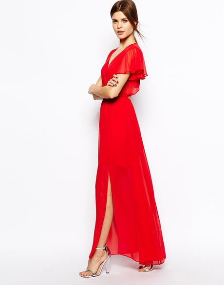 Asos Maxi Dress With Ruffle Sleeve in Red (Scarlet)