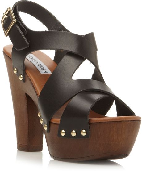Steve Madden Liable Leather Strappy Wooden Heel Sandals in Black (Black Leather) | Lyst