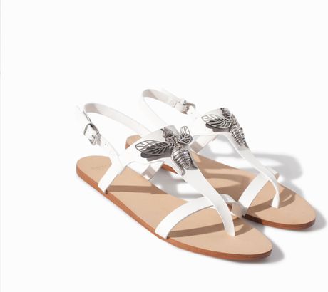 Zara Flat Leather Sandal with Decorative Detail in White | Lyst