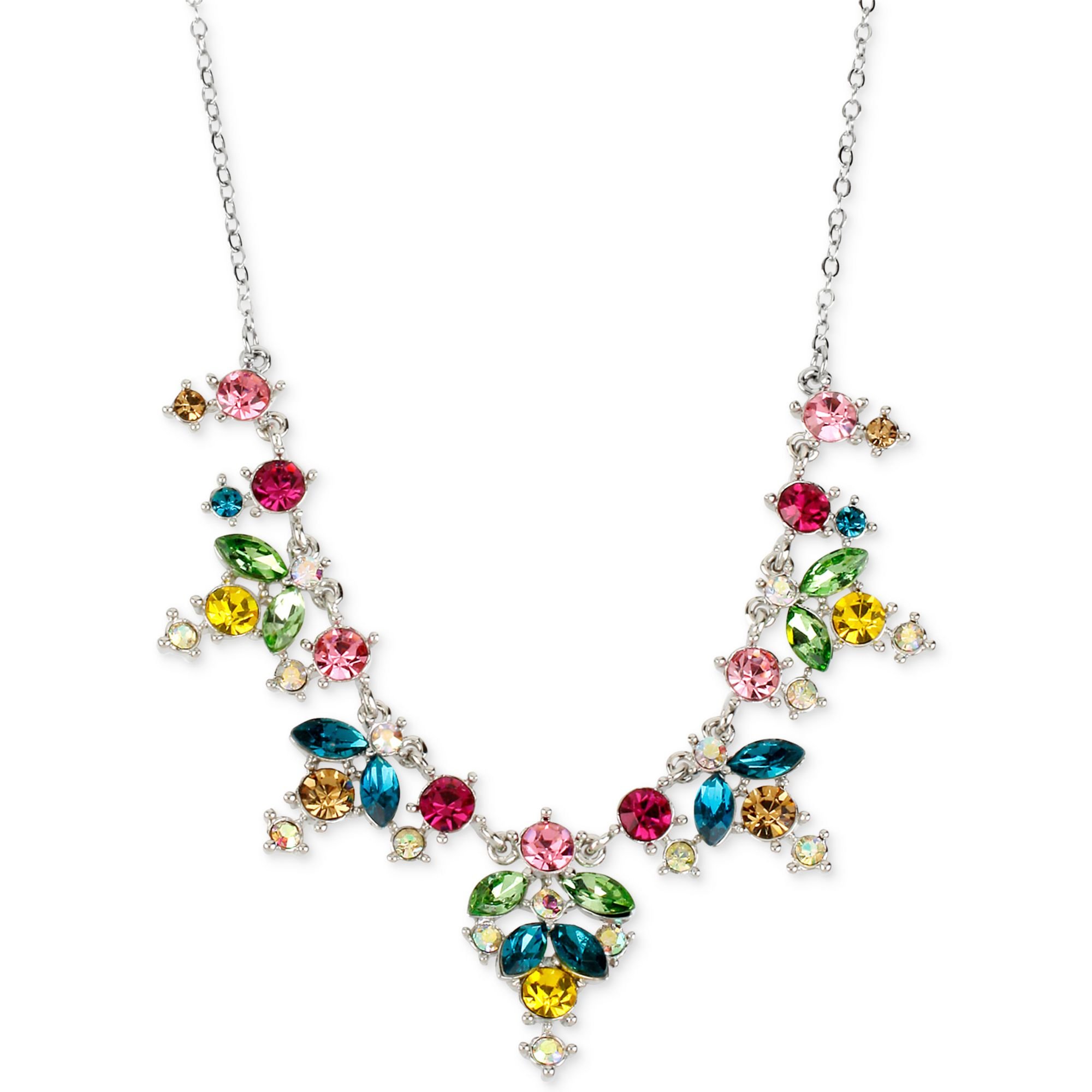 Betsey Johnson Silvertone Multicolor Crystal Frontal Necklace in Silver