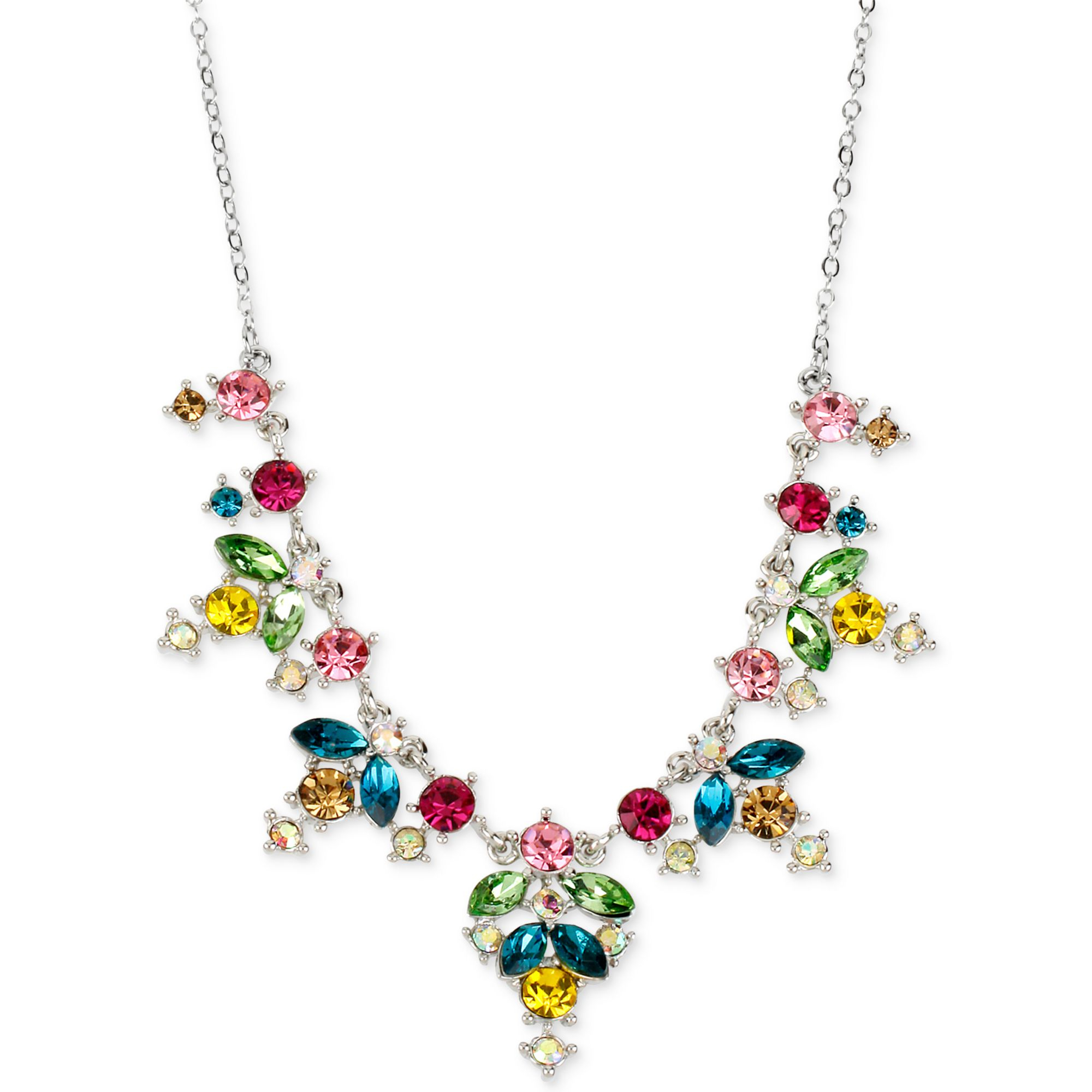 Betsey Johnson Silvertone Multicolor Crystal Frontal Necklace in Silver