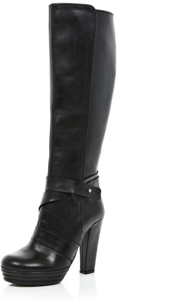 River Island Black Cross Strap Block Heel Knee High Boots in Black ...