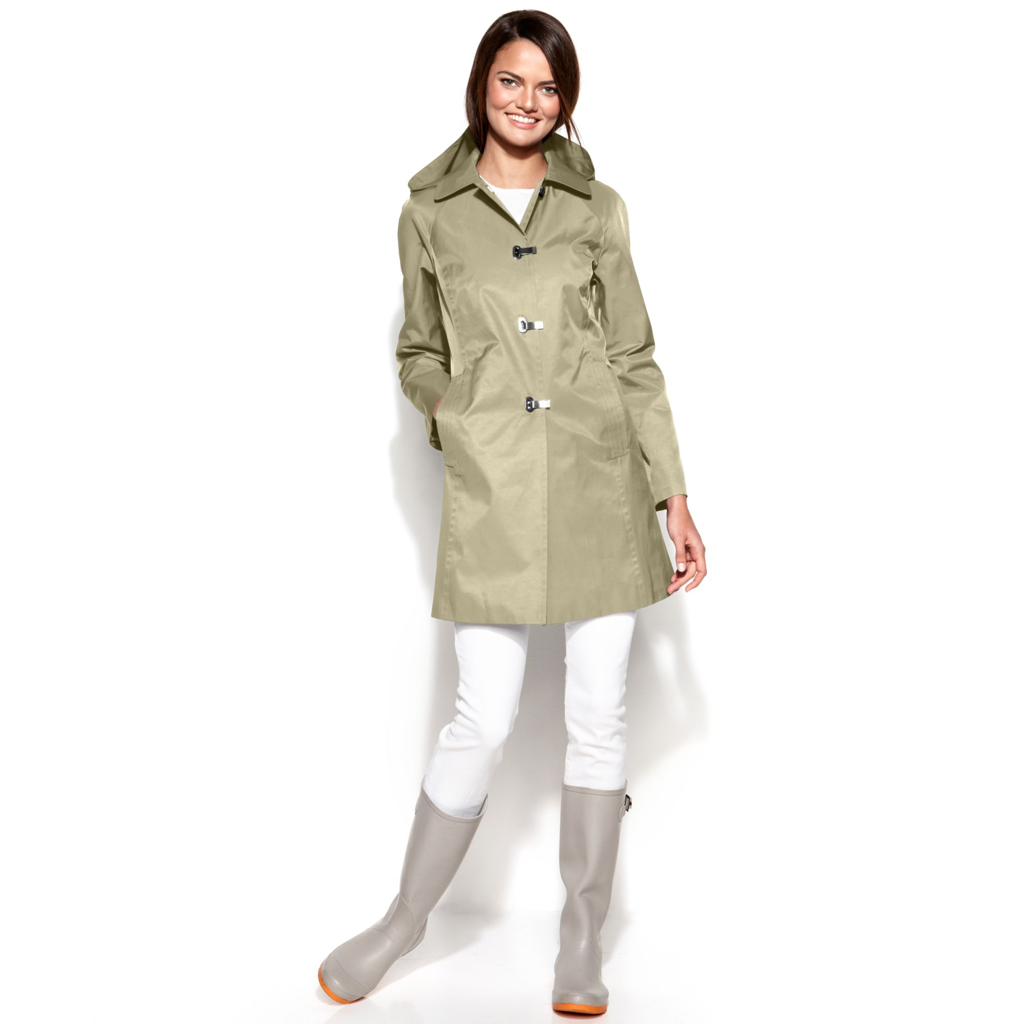 London Fog Hooded Clipfront Raincoat in Green (Driftwood) Lyst