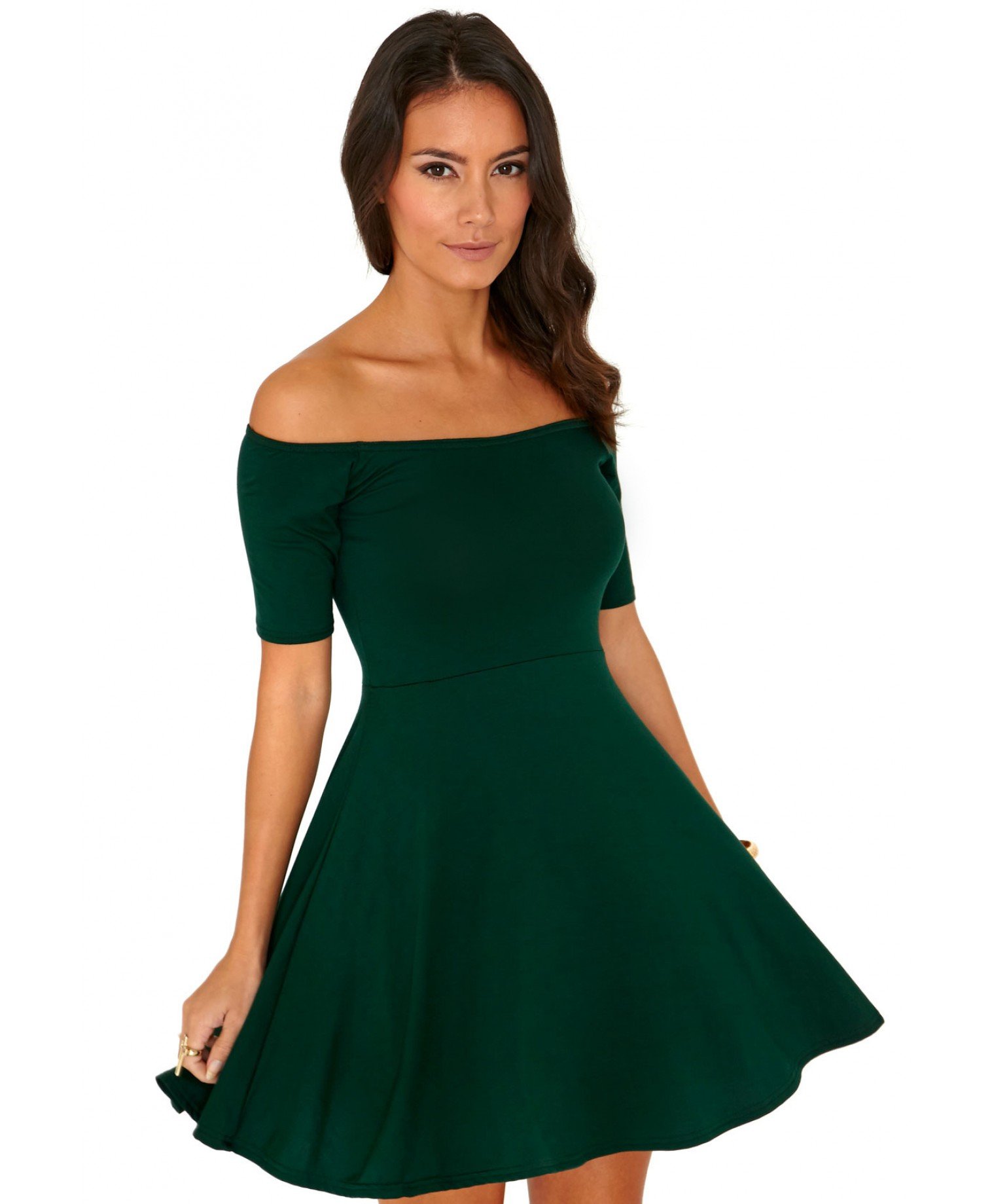 Missguided Mirabela Value Bardot Skater Dress In Deep Green In Green 