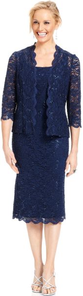 Alex Evenings Sleeveless Sequin Lace Sheath And Jacket In Blue Navy