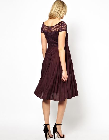 Asos Maternity Pleated Midi Dress with Lace Top in Purple (Wine)
