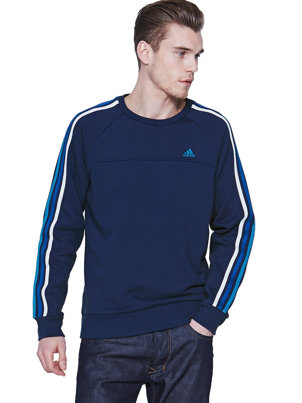 Adidas Adidas Essentials 3 Stripe Mens Crew Neck Sweatshirt in Blue for