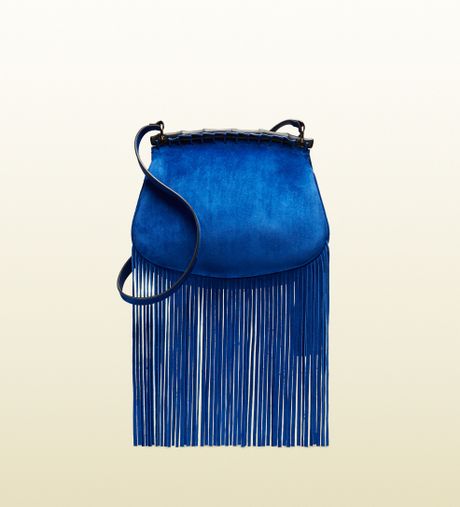 Gucci Nouveau Suede Fringed Shoulder Bag in Blue | Lyst