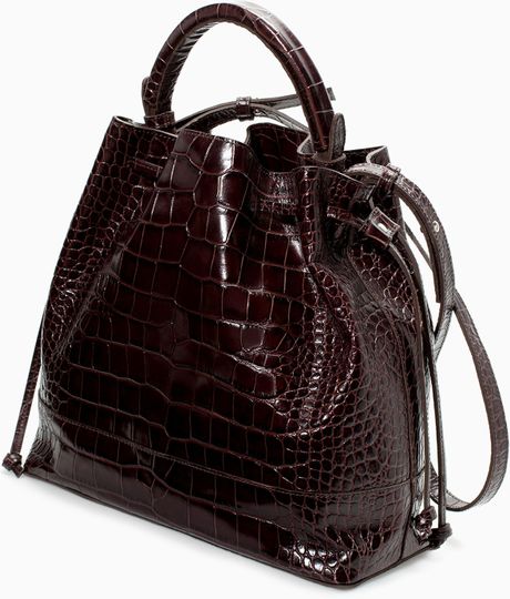 Zara Croc Leather Bucket Bag in Brown (Dark Brown) | Lyst