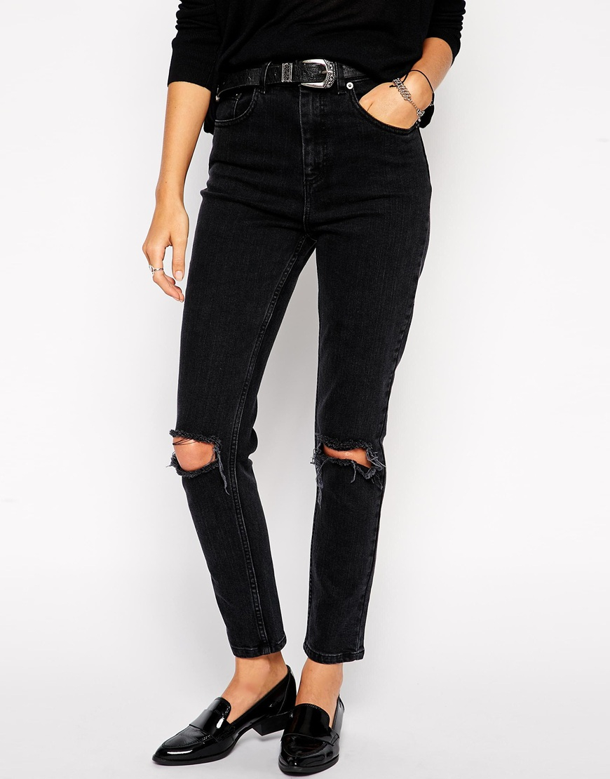 Farleigh High Waist Slim Mom Jeans in Washed Black With Busted Knees