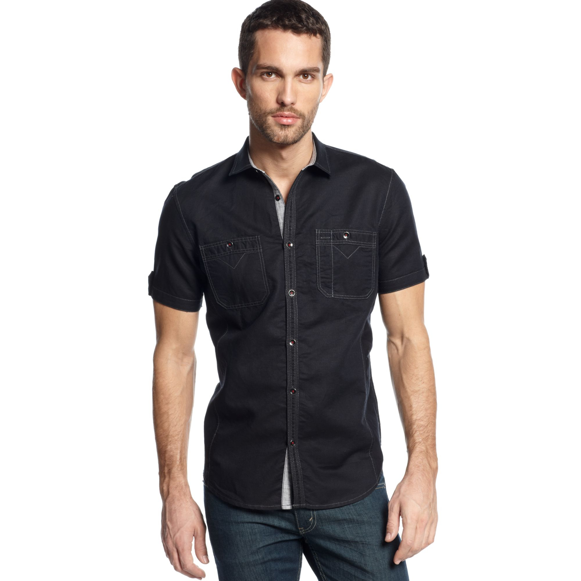 Inc International Concepts Short Sleeve Linenblend Shirt In Black For