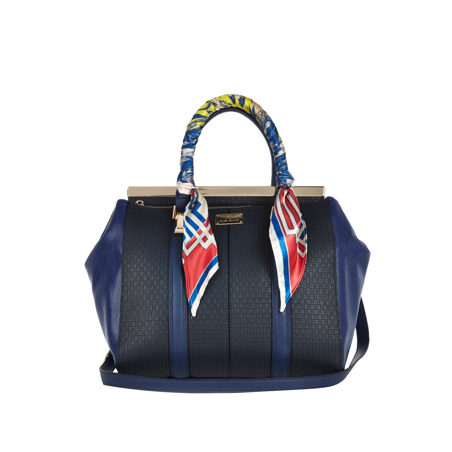 River Island Navy Scarf Handle Woven Tote Bag in Blue (navy) | Lyst