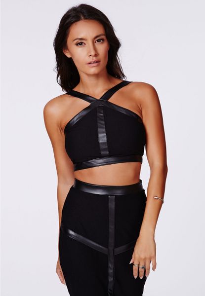 Missguided Faux Leather Panelled Crop Top In Black In Black Lyst 