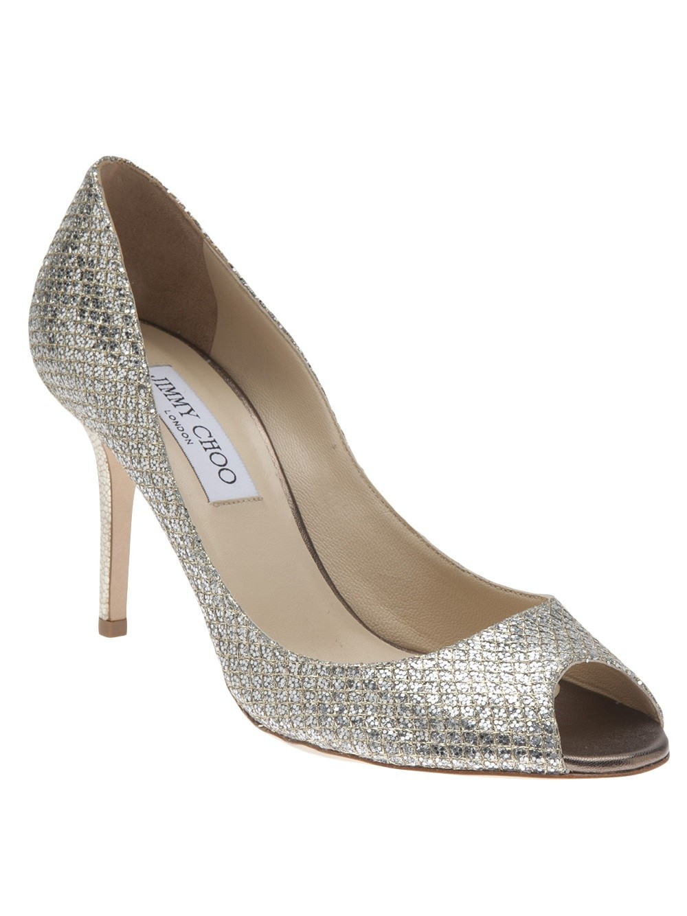 Jimmy Choo Evelyn Champagne Glitter Peep Toe Pump in Silver (Champagne